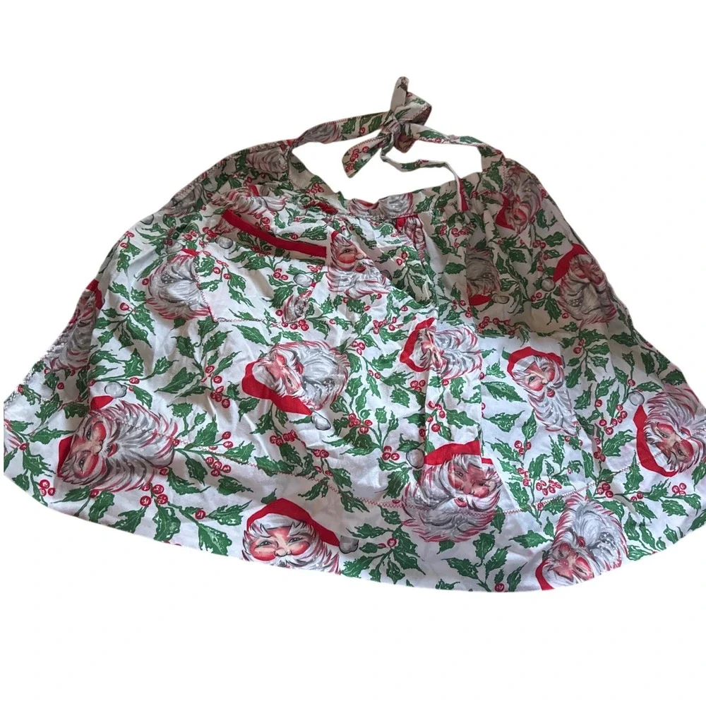 Vintage Christmas Santa Claus Holly Print Half Apron Red White Green Holiday